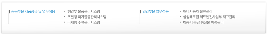 1.공공부문 제품공급 및 업무적용 - 행안부 물품관리시스템 - 조달청 국가물품관리시스템 - 국세청 주류관리시스템 2.민간부문 업무적용 - 현대자동차 물류관리 - 삼성테크원 제트엔진사업부 재고관리 - 하동 대봉감 농산물 이력관리