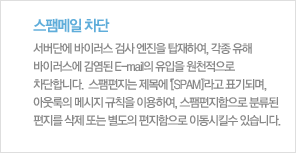 스팸메일 차단서버단에 바이러스 검사 엔진을 탑재하여, 각종 유해 바이러스에 감염된 E-mail의 유입을 원천적으로 차단합니다.  스팸편지는 제목에 [SPAM]라고 표기되며, 아웃룩의 메시지 규칙을 이용하여, 스팸편지함으로 분류된 편지를 삭제 또는 별도의 편지함으로 이동시킬수 있습니다.